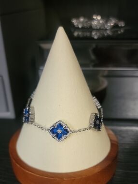 Stainless Steel Blue Enamel Floral Link Bracelet